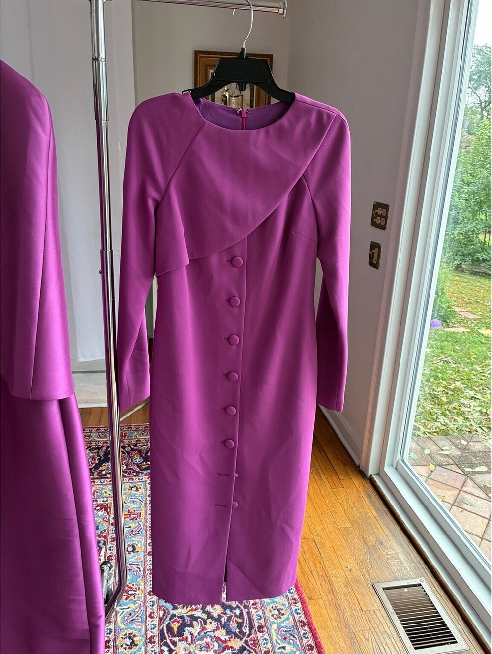 Badgley Mischka Magenta Long Sleeve Button Front Midi Dress Sz 4 Modest NWT - Picture 2 of 3